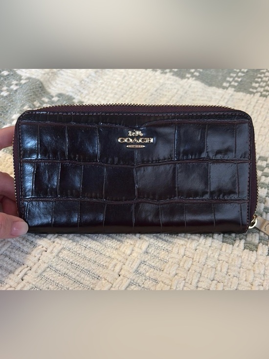 Coach Handbags - Coach Croc-Embossed Zip Wallet in Dark Brown with Gold Hardware